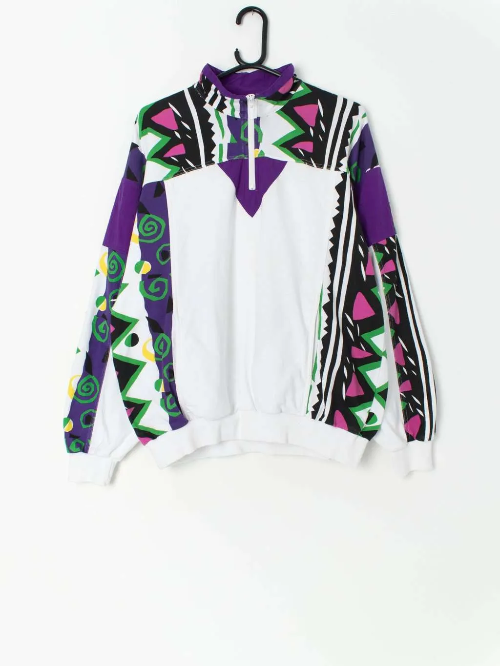 1980s sweatshirt with quarter zip and loud crazy abstract print – Medium / Large