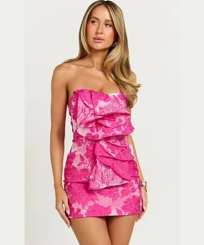 Amalie the Label Frederika Strapless Ruffle Detail Jacquard Mini Dress in Hot Pink