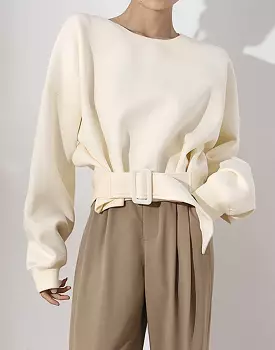 Beige Knit Loose Belted Sweatshirt