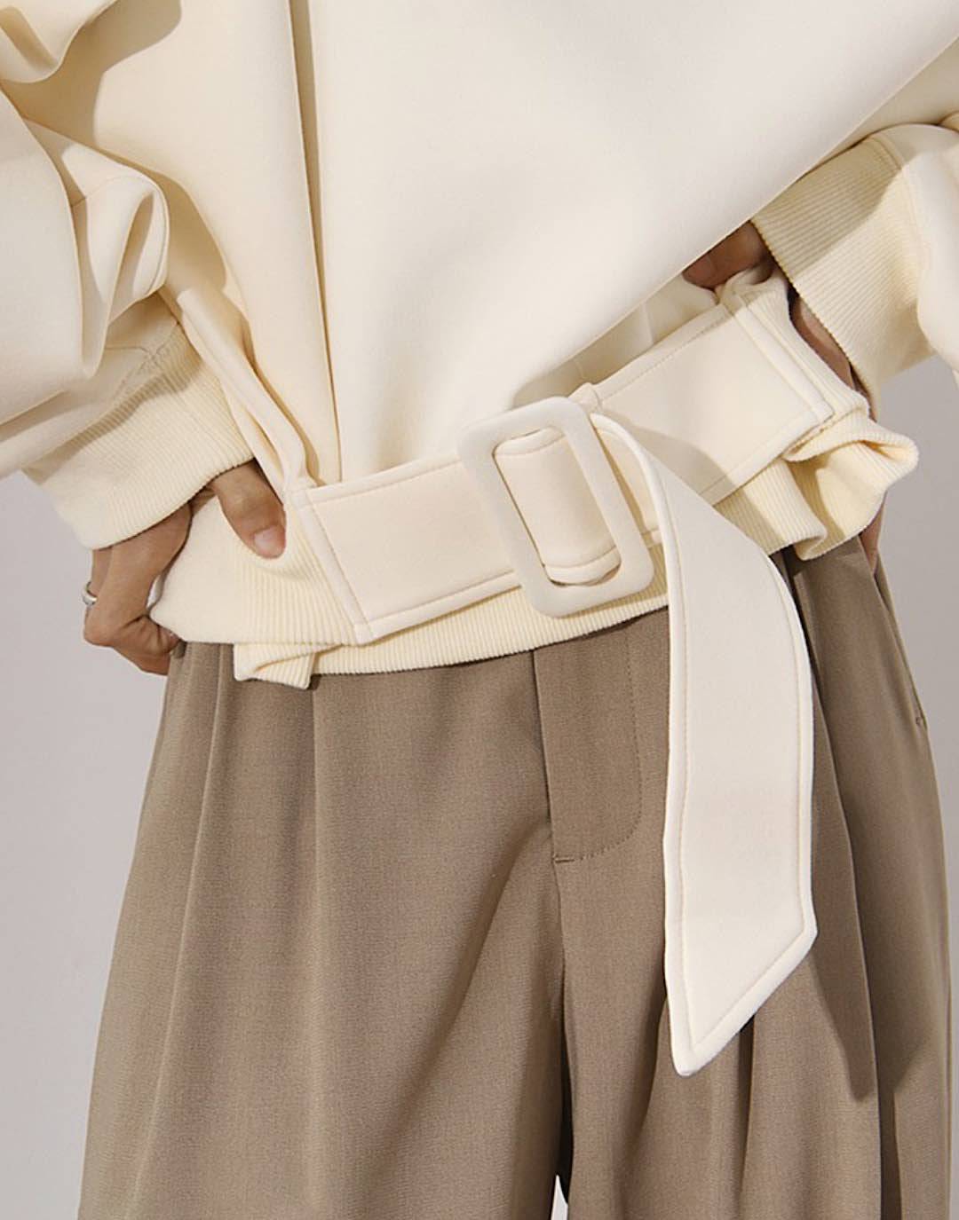 Beige Knit Loose Belted Sweatshirt