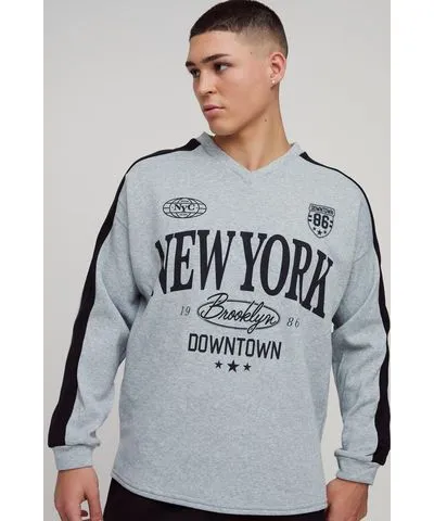 boohoo Mens Oversized V Neck Contrast Panel New York Sweatshirt