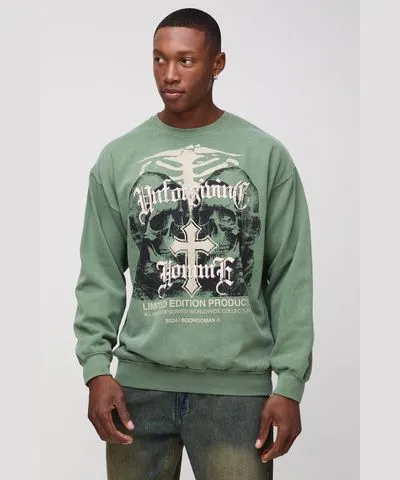 boohoo Mens Oversized Washed Gothic Skull Puff Print Graphic Sweatshirt