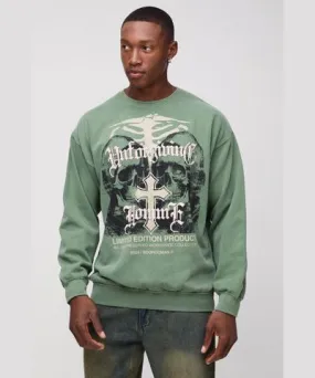 boohoo Mens Oversized Washed Gothic Skull Puff Print Graphic Sweatshirt