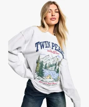 boohoo Womens Overdye Twin Peaks Vintage Print Oversized Sweatshirt