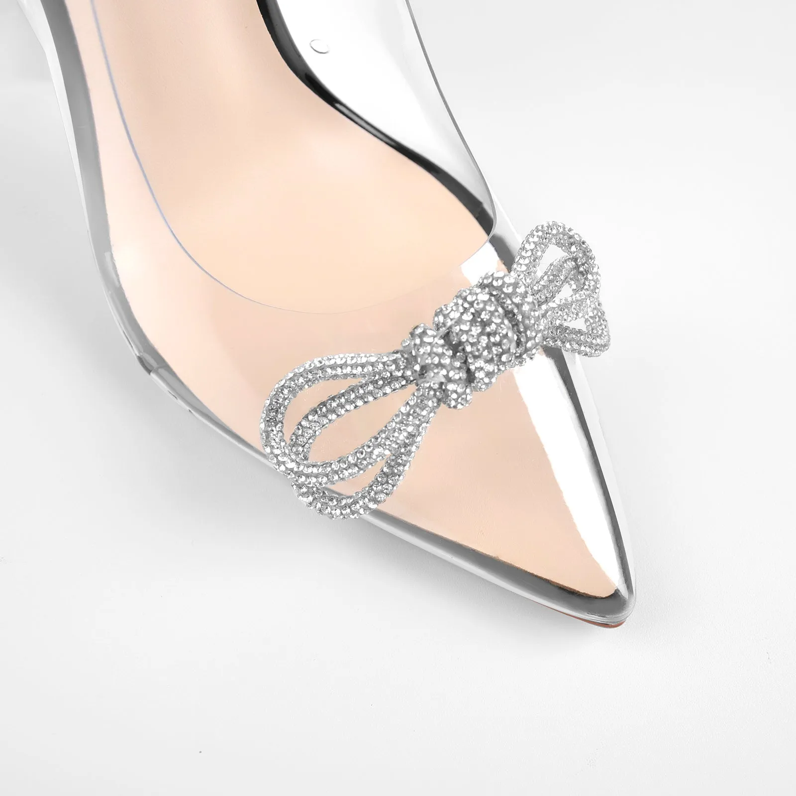 Bowknot Rhinestone Pointed Toe Clear Chunky Heels Pumps