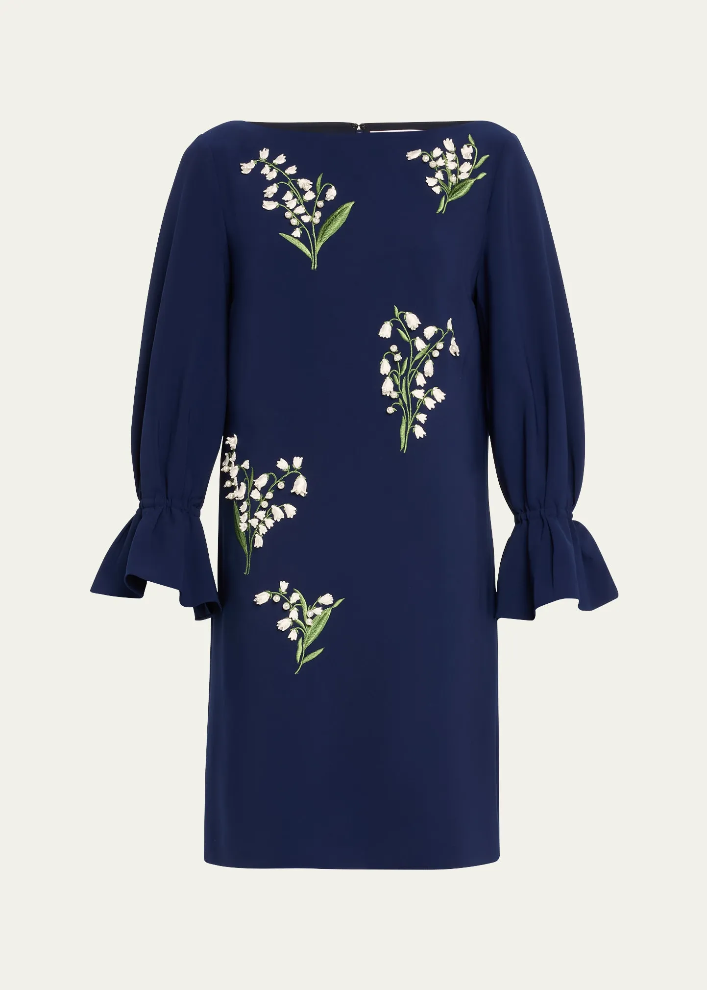 Carolina Herrera Embroidered Shift Dress with Flutter Sleeves