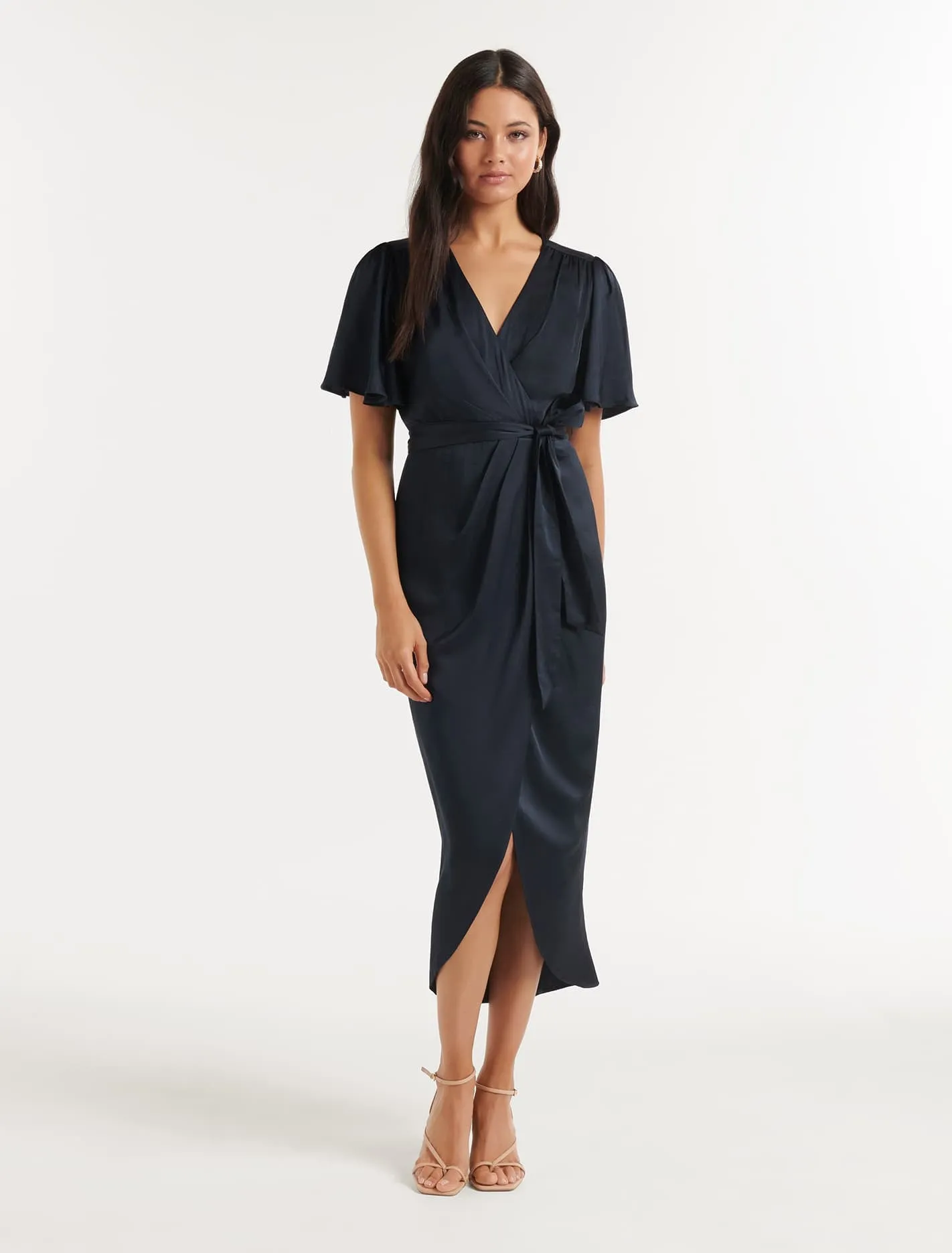 Carolina Satin Flutter Sleeve Midi Dress