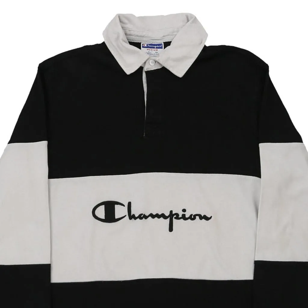 Champion Spellout Rugby Shirt - Medium Black & White Cotton