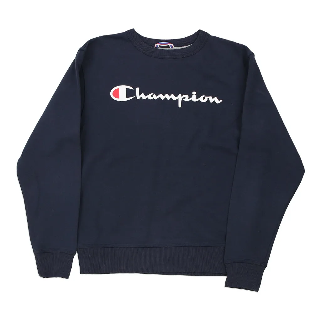 Champion Spellout Sweatshirt - Small Navy Cotton Blend