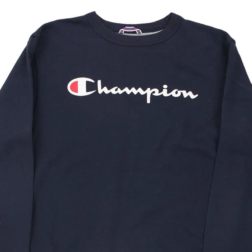 Champion Spellout Sweatshirt - Small Navy Cotton Blend