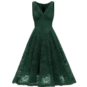 Elegant Sumer Lace Party Dress Green Red Blue Hollow Out Sleeveless Bodycon Solid Big Swing Casual Dresses Fairy Robe Femme