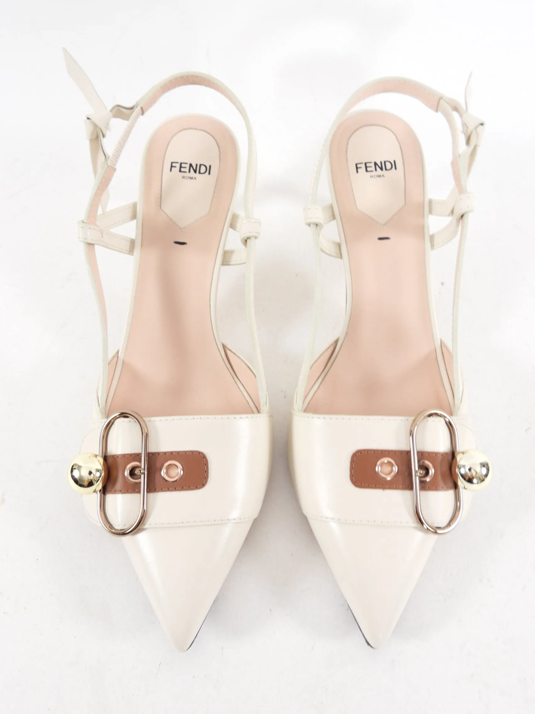 Fendi Ivory Leather Embellished Slingback - IT38 / USA 7.5