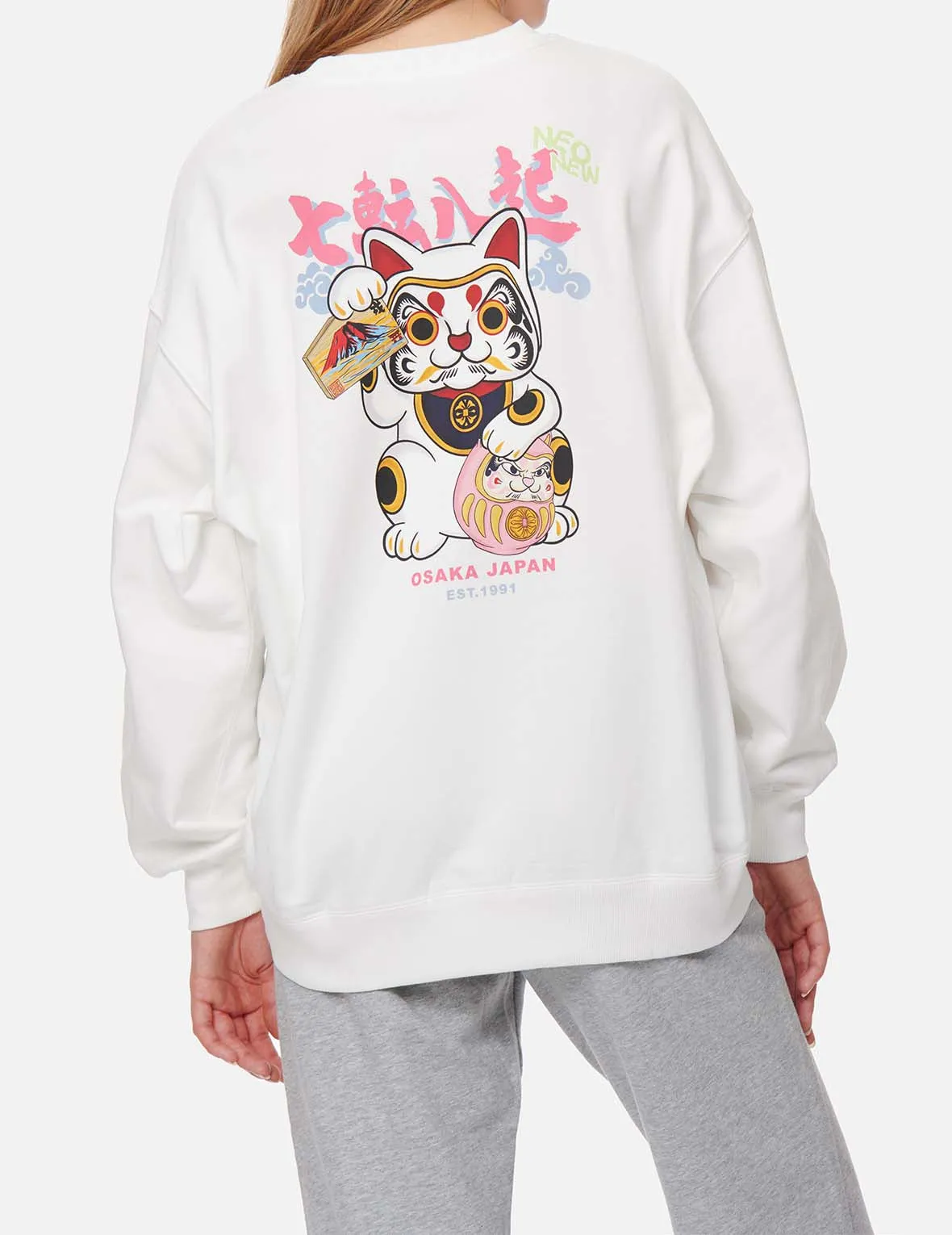 Fortune Cat and Daruma Print Sweatshirt