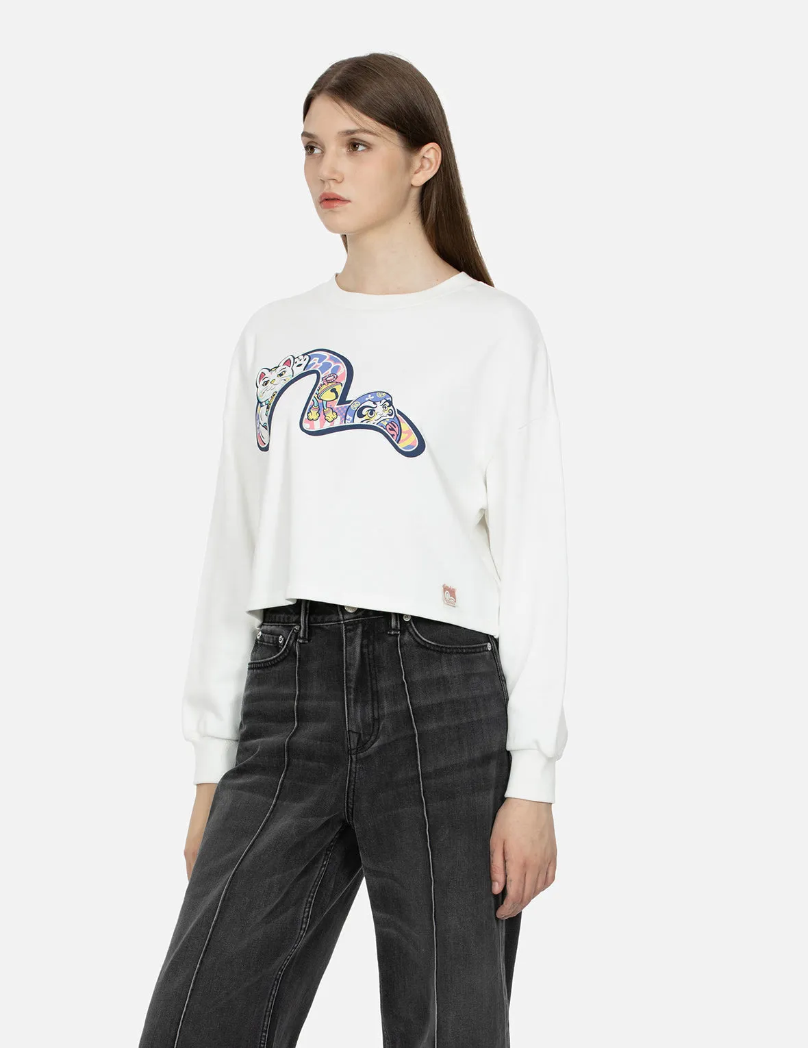 Fortune Cat Appliqué with Daruma Seagull Cropped Sweatshirt