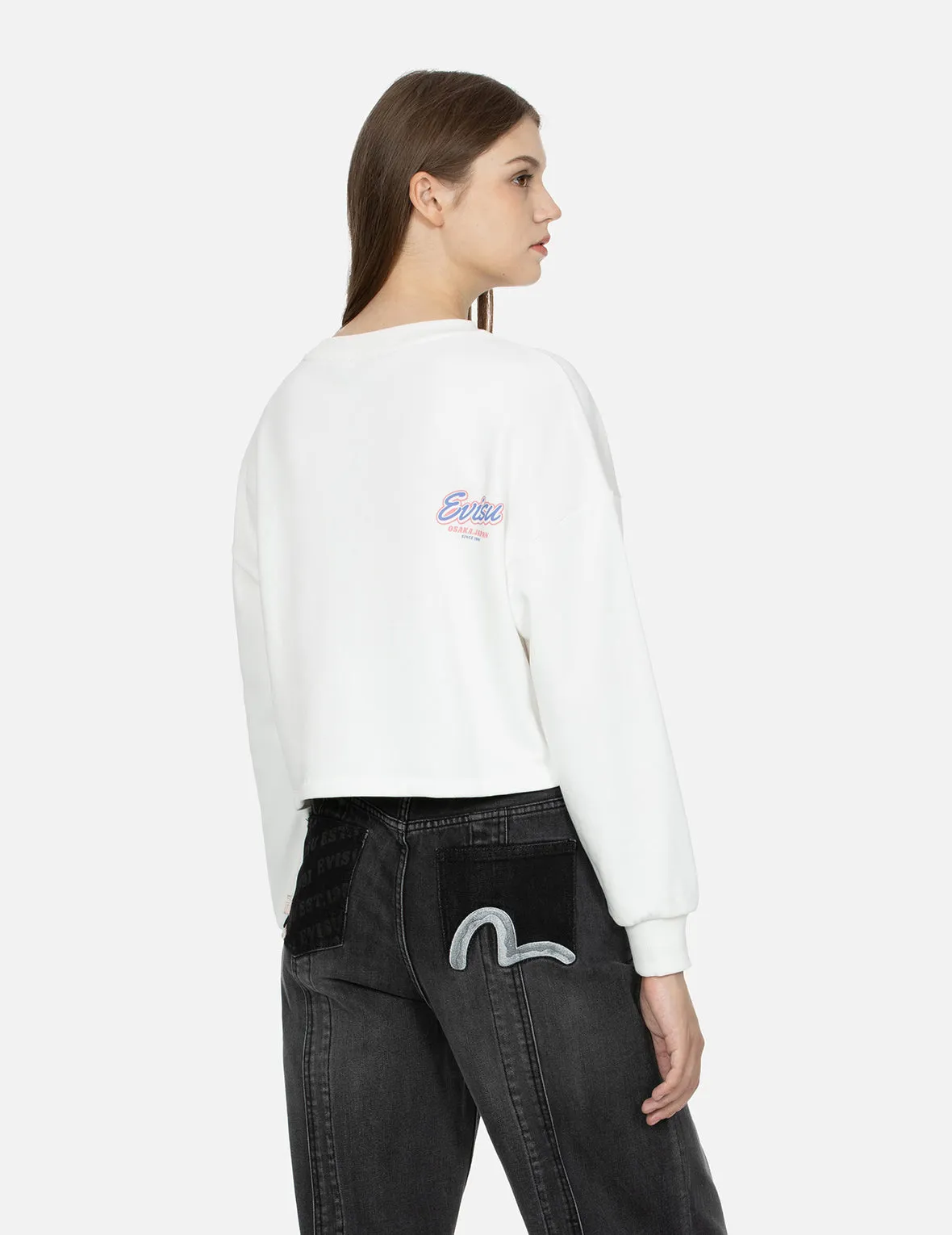 Fortune Cat Appliqué with Daruma Seagull Cropped Sweatshirt