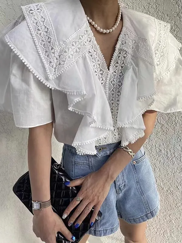 French Retro Lace Hollow Lace Stitching Casual Top