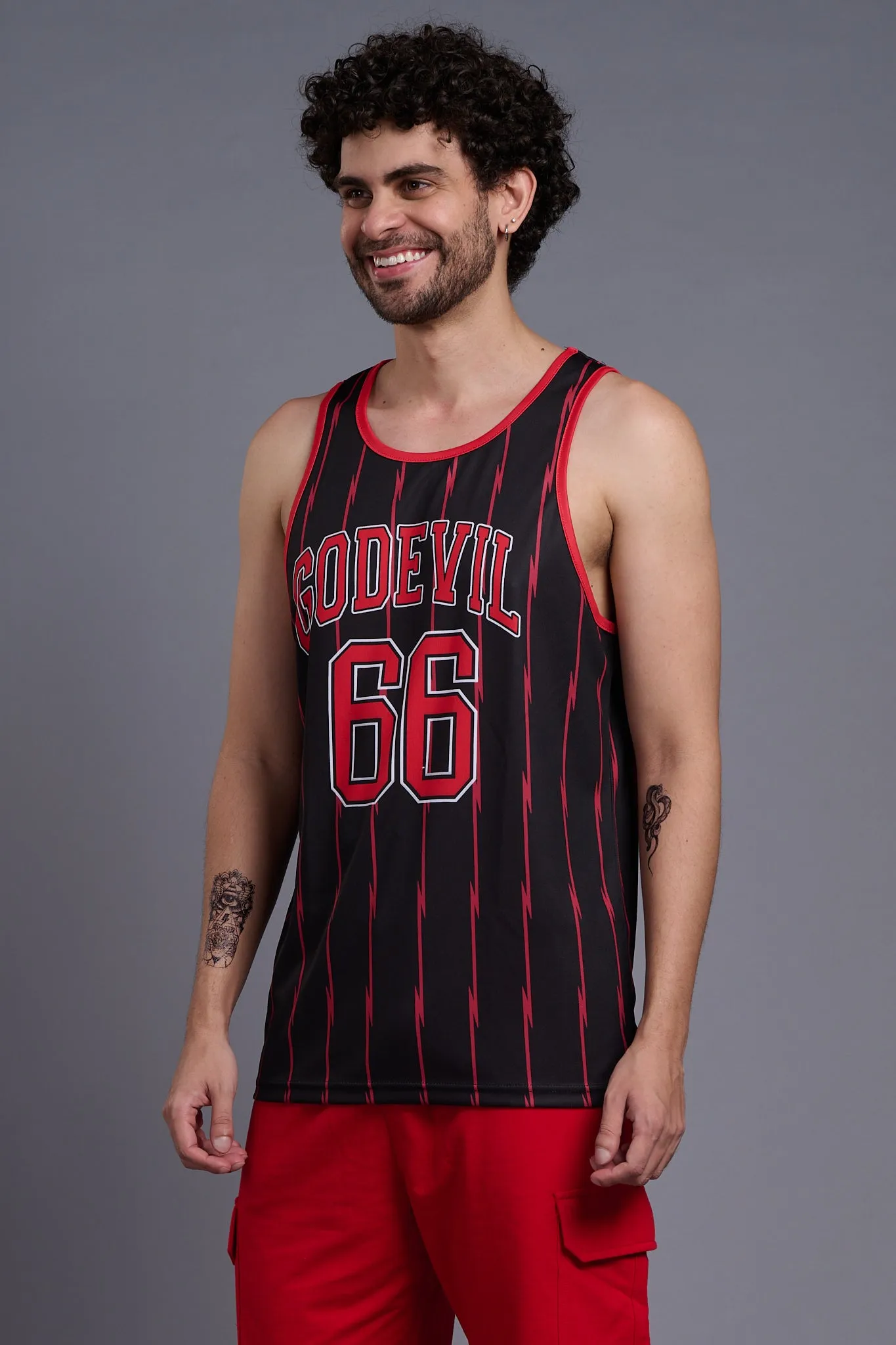 Go Devil 66 Printed Stripes Red & Black Vests for Men