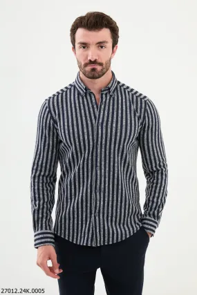 Gray - Navy Blue Striped Men's Casual Shirt.