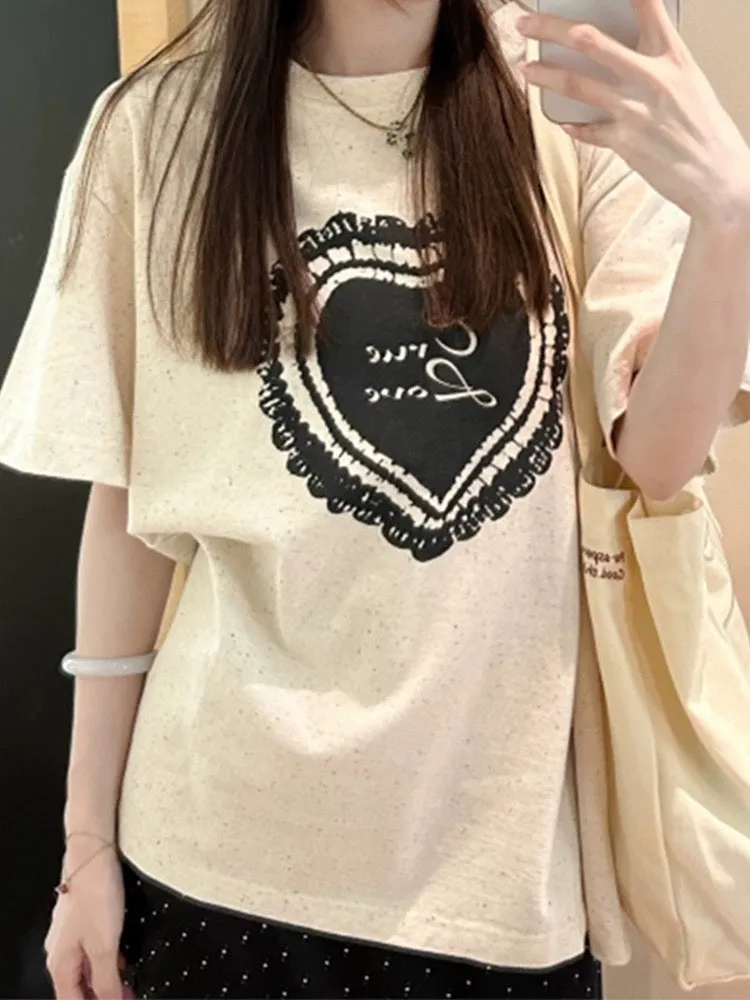 Korean style super good-looking colorful dot love printed short-sleeved T-shirt for women 2024 new popular summer loose casual t