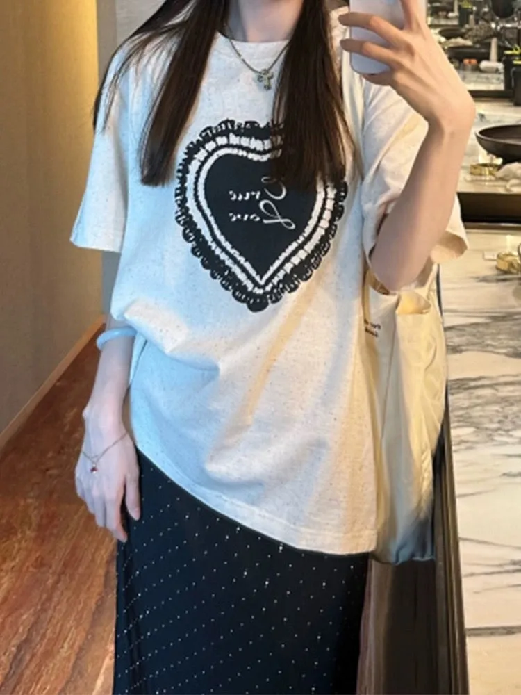 Korean style super good-looking colorful dot love printed short-sleeved T-shirt for women 2024 new popular summer loose casual t