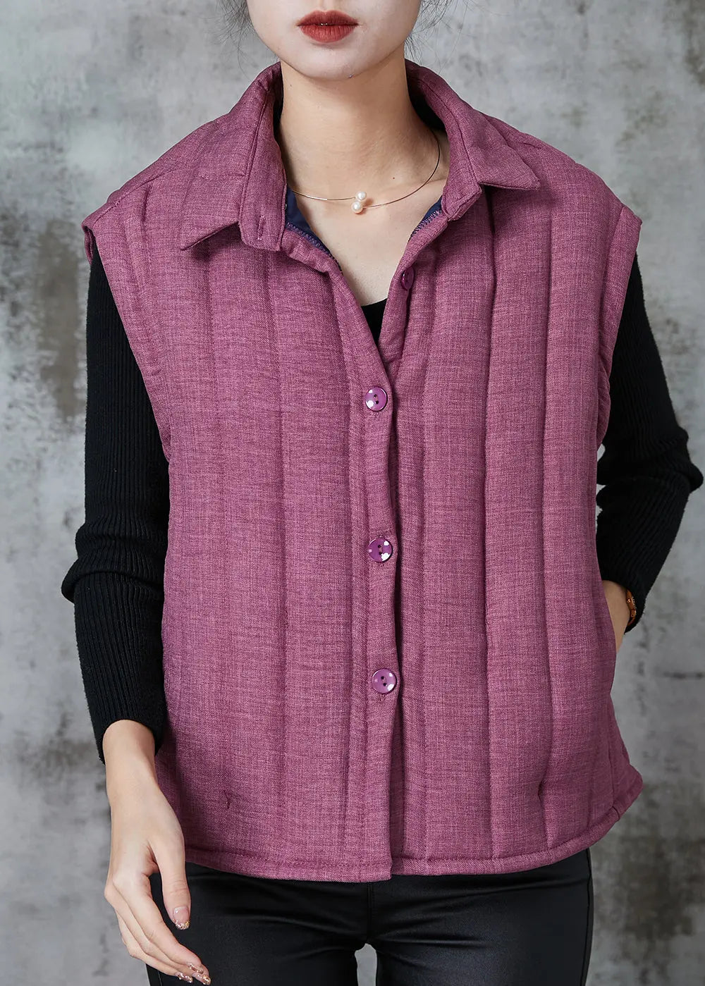 Modern Purple Peter Pan Collar Pockets Fine Cotton Filled Vests Spring JK1050