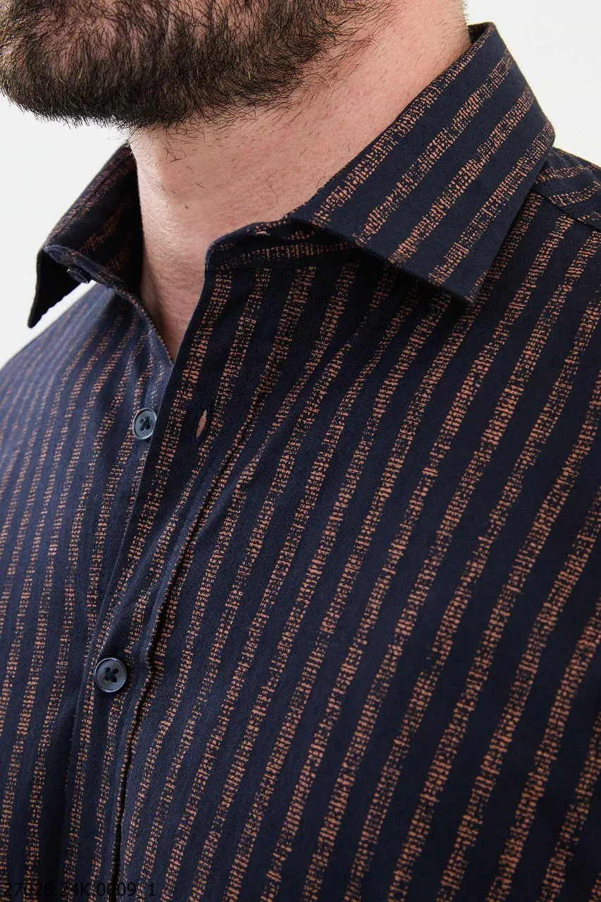 Navy Blue and Camel Striped Casual Shirt.