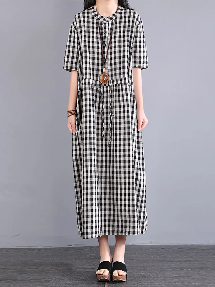 Plus Size Women Casual Plaid Summer Cotton Linen Dress SC1061