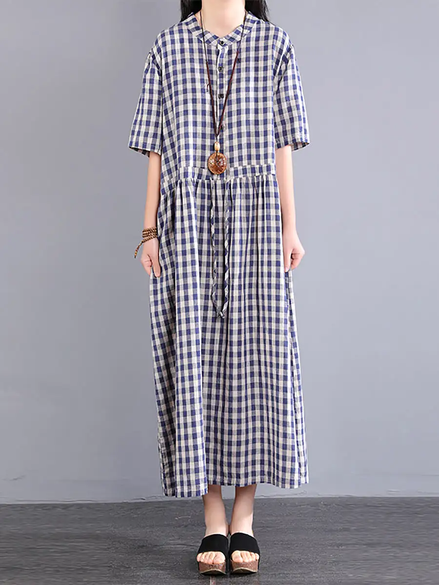 Plus Size Women Casual Plaid Summer Cotton Linen Dress SC1061