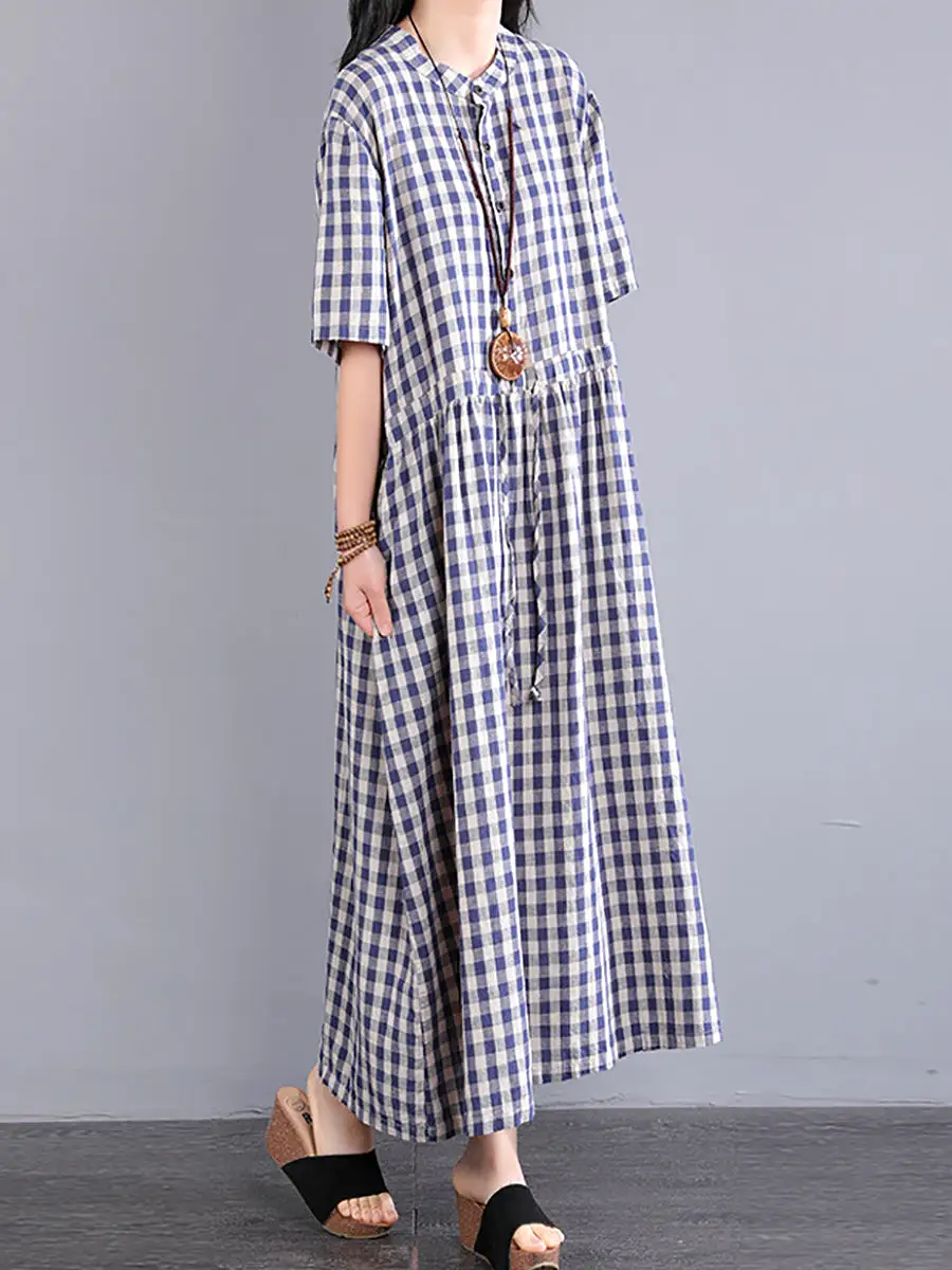 Plus Size Women Casual Plaid Summer Cotton Linen Dress SC1061