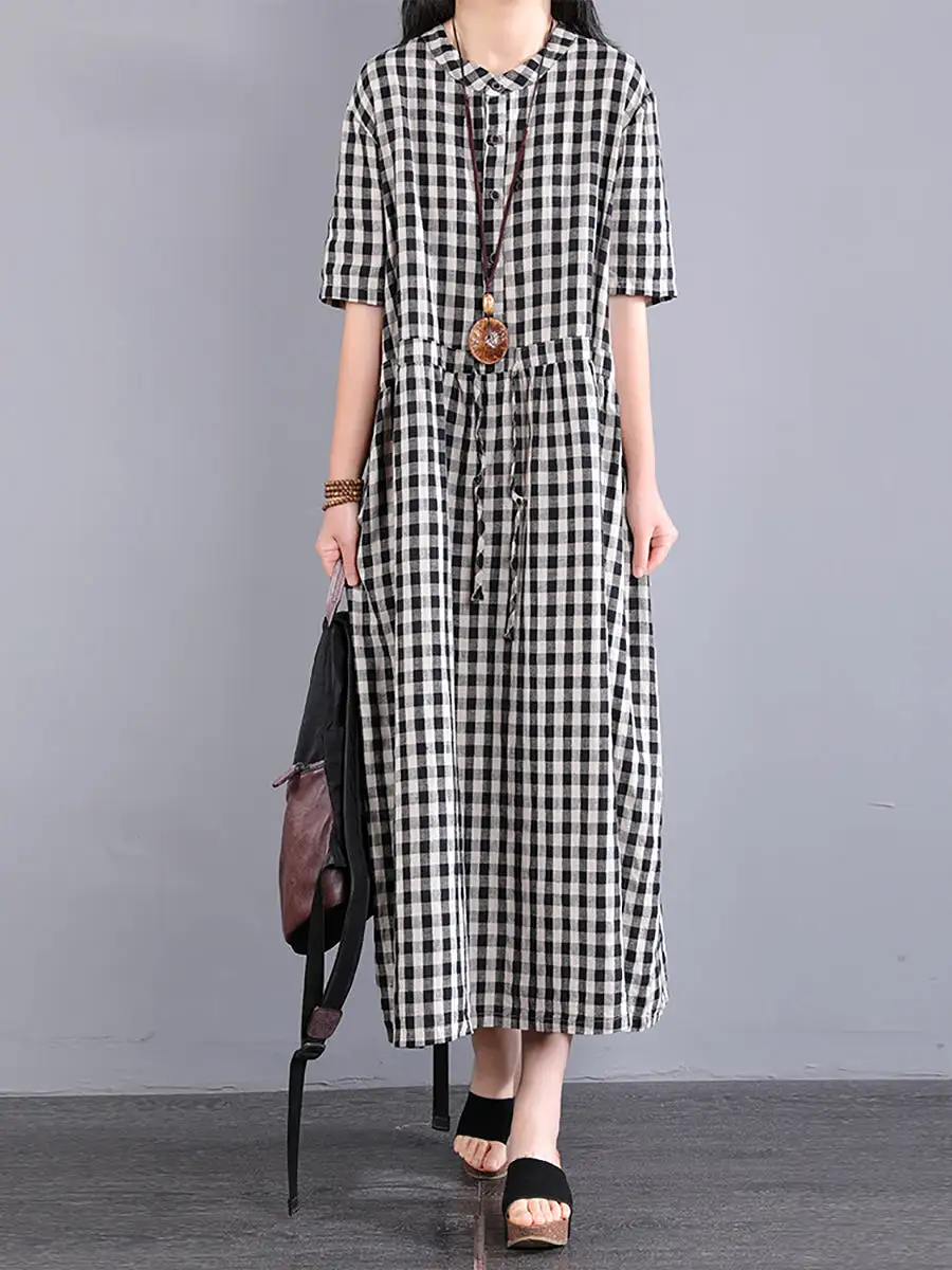 Plus Size Women Casual Plaid Summer Cotton Linen Dress SC1061