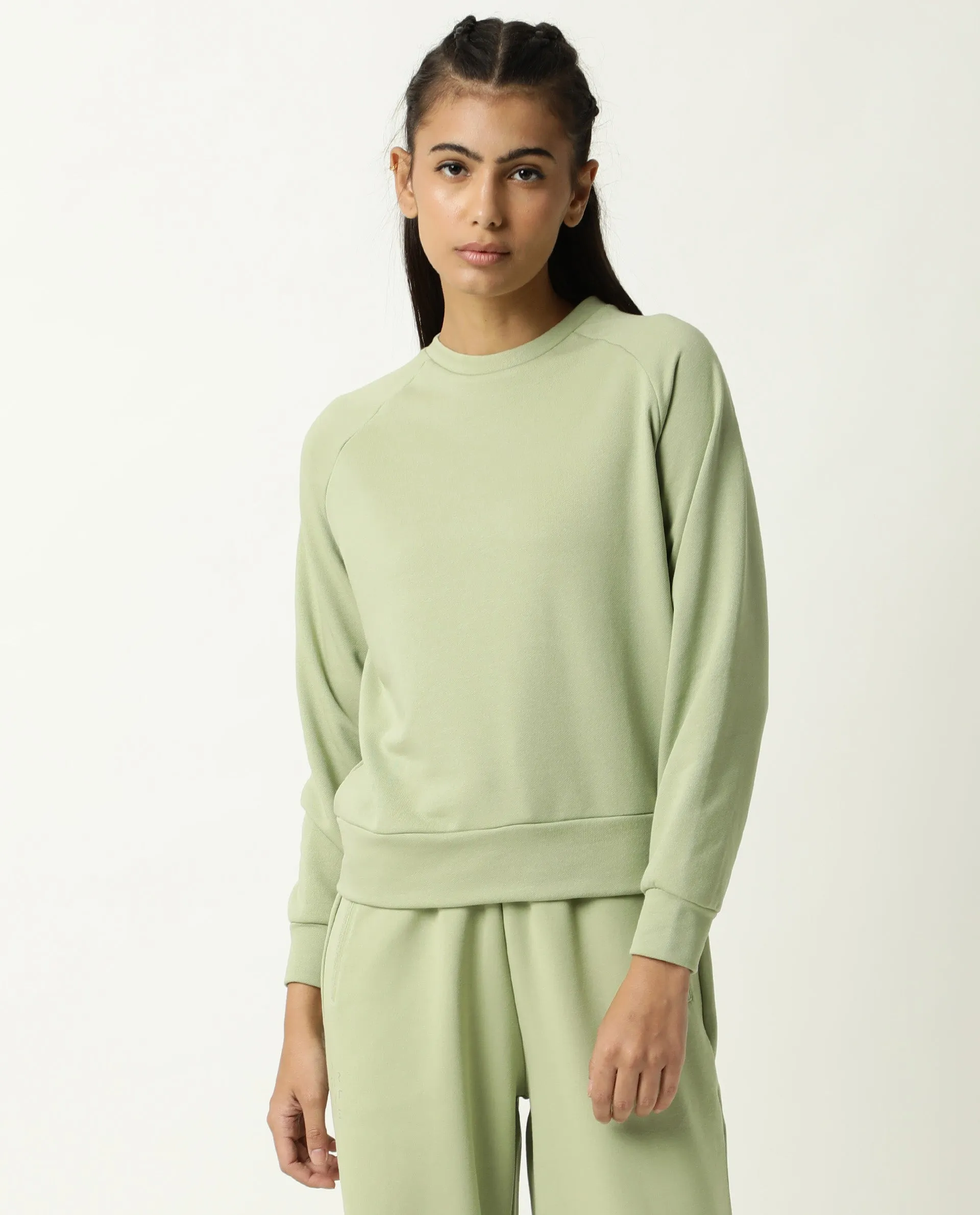 Rareism Women Cax Light Green Cotton Blend Fabric Relaxed Fit Full Sleeves Solid Round Neck Sweatshirt