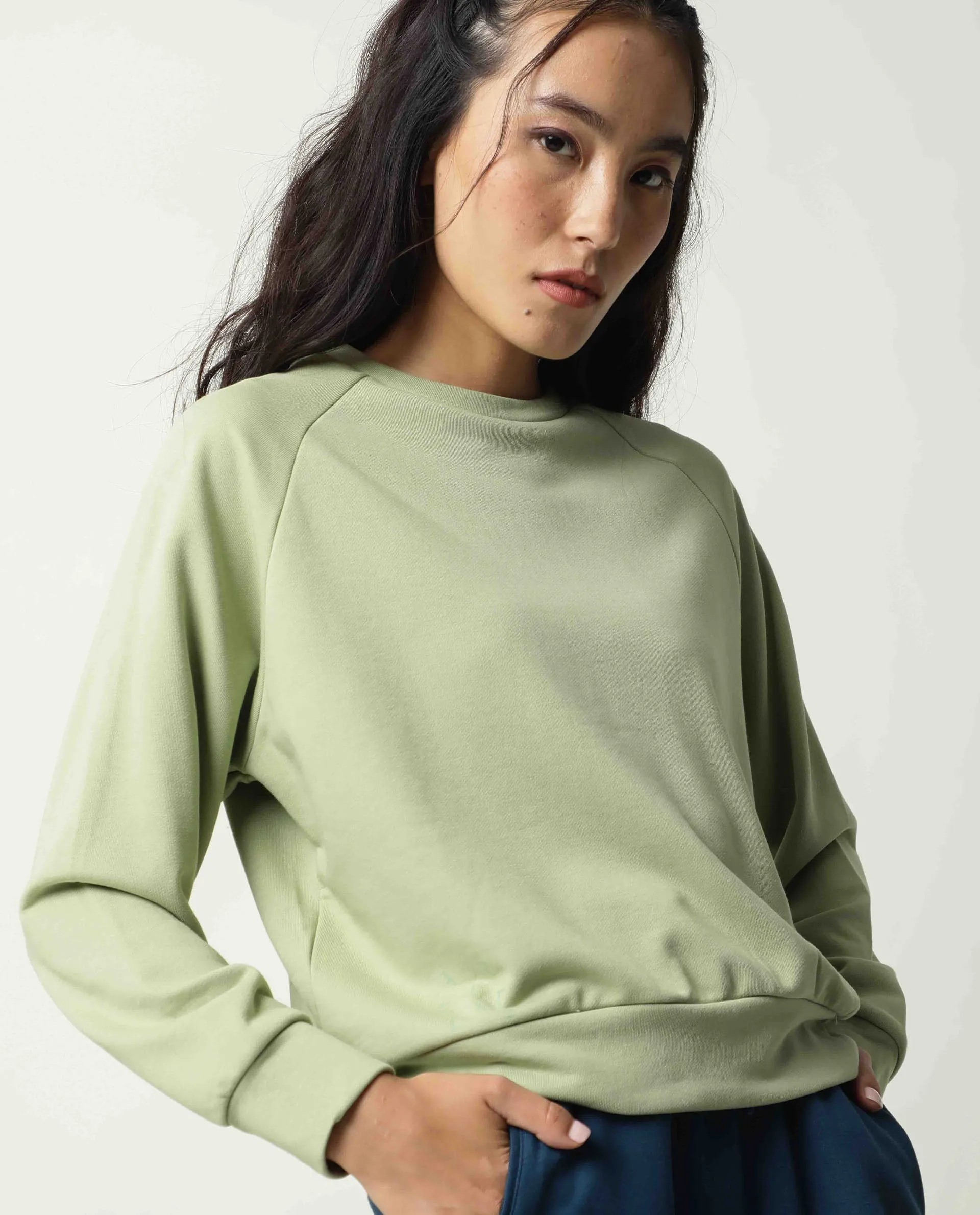 Rareism Women Cax Light Green Cotton Blend Fabric Relaxed Fit Full Sleeves Solid Round Neck Sweatshirt