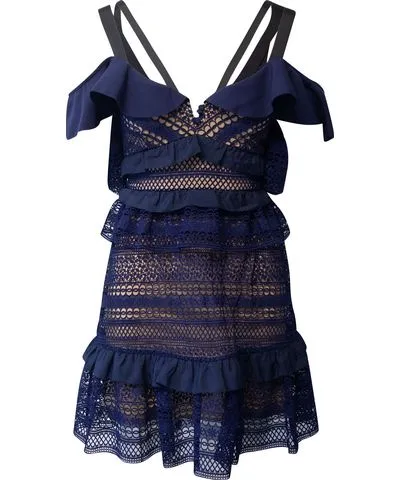 Self-Portrait Flounced Lace Mini Dress in Navy Blue Polyester