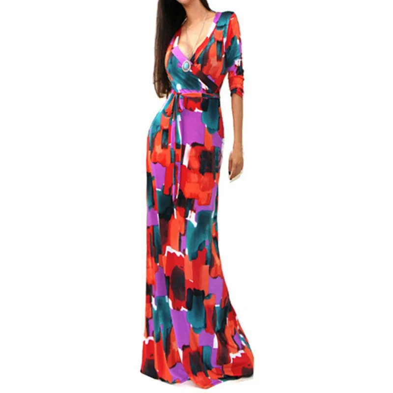 Sexy Women Package Bodycon Maxi Dress V-neck Long Sleeve Printed Long Casual Dresses SM6