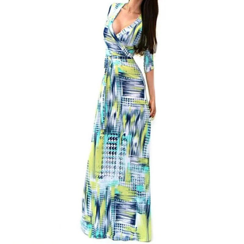 Sexy Women Package Bodycon Maxi Dress V-neck Long Sleeve Printed Long Casual Dresses SM6