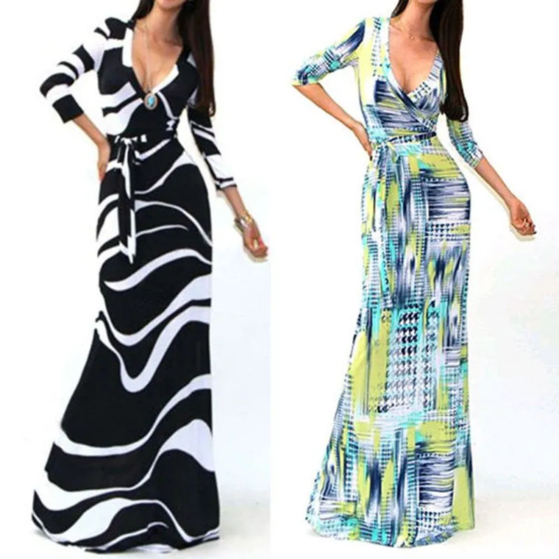 Sexy Women Package Bodycon Maxi Dress V-neck Long Sleeve Printed Long Casual Dresses SM6