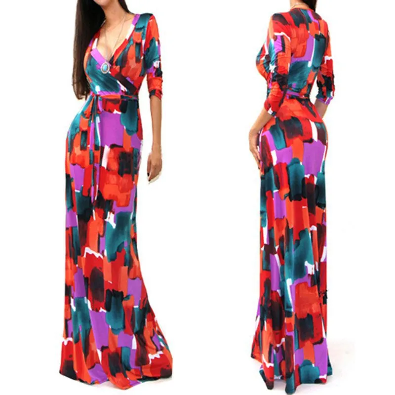 Sexy Women Package Bodycon Maxi Dress V-neck Long Sleeve Printed Long Casual Dresses SM6