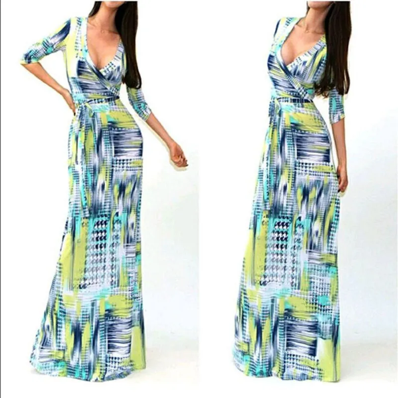 Sexy Women Package Bodycon Maxi Dress V-neck Long Sleeve Printed Long Casual Dresses SM6