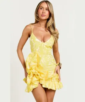 Showpo Arlette Mini Dress - Plunge Ruffle Detail Jacquard Dress in Yellow