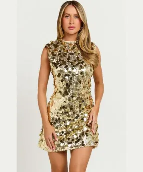 Showpo Tracy Mini Dress - Disc Sequin Shift Dress in Gold