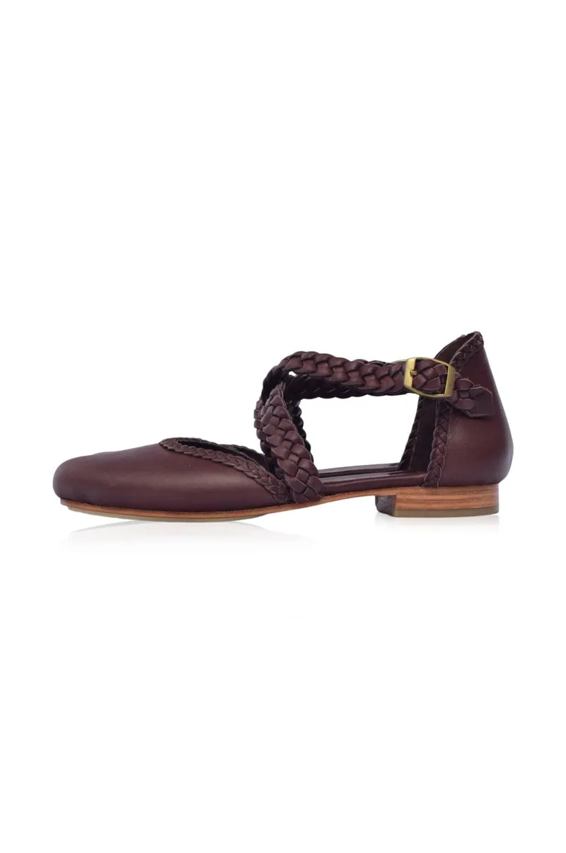 Tallulah Braided Leather Flats in Dark Brown