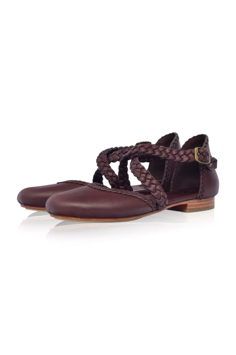 Tallulah Braided Leather Flats in Dark Brown