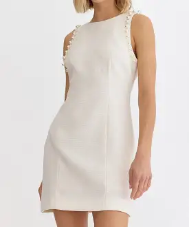 Textured Sleeveless Dress with Pearl Detail - Cream