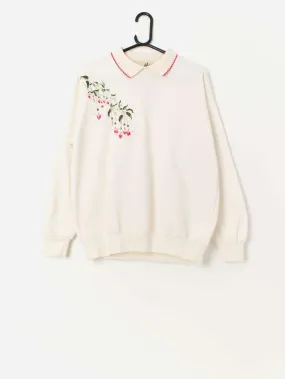 Vintage fuchsias collared sweatshirt in cream with embroidered flowers – Medium