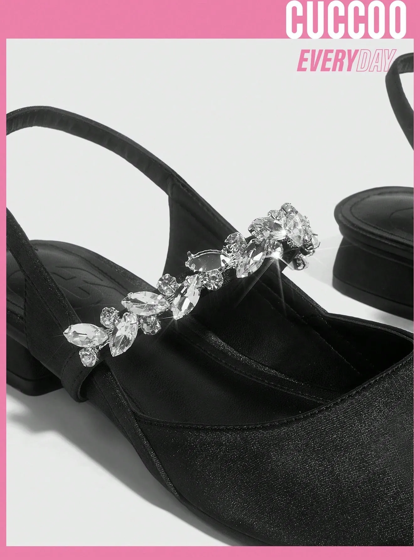 Woman Pumps Fashionable Black Low-Heeled Pumps With Rhinestone Chain Design On Heel Strap For Spring And Summer