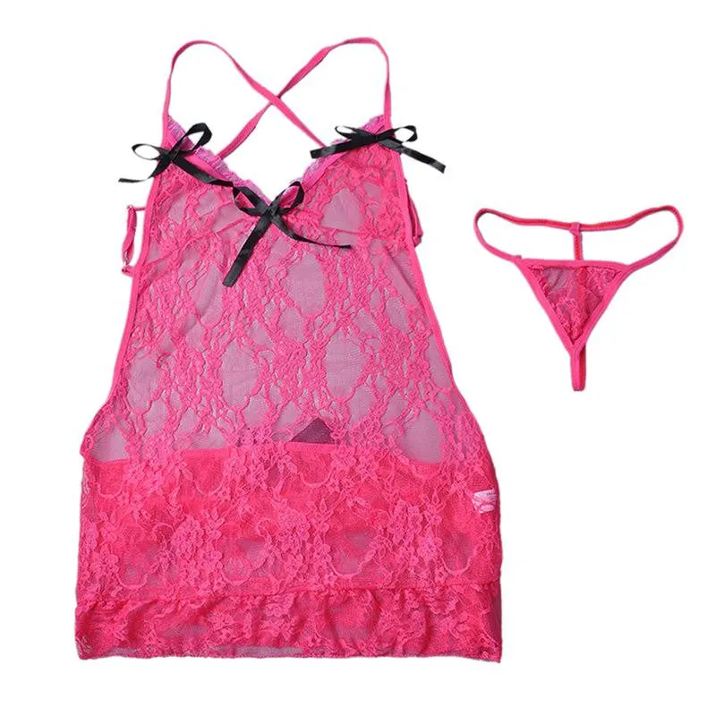 Women Sexy Lingerie Lace Mini Dress Underwear Rose Babydoll Sleepwear G-string SM6