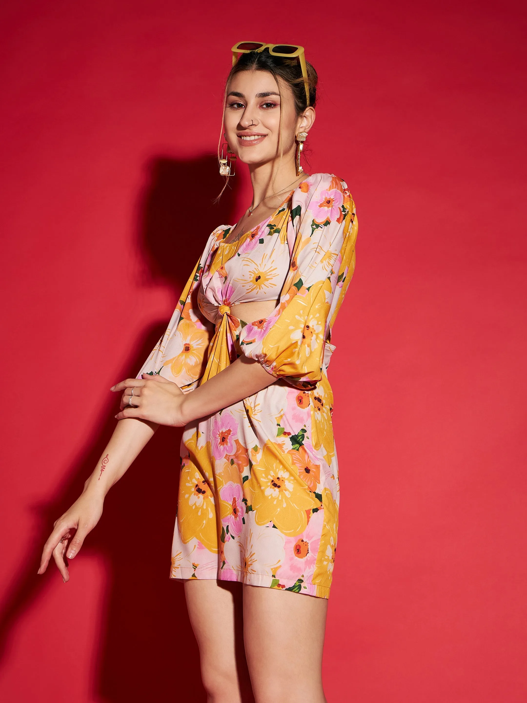 Women Yellow Floral Side Cut Out Mini Dress