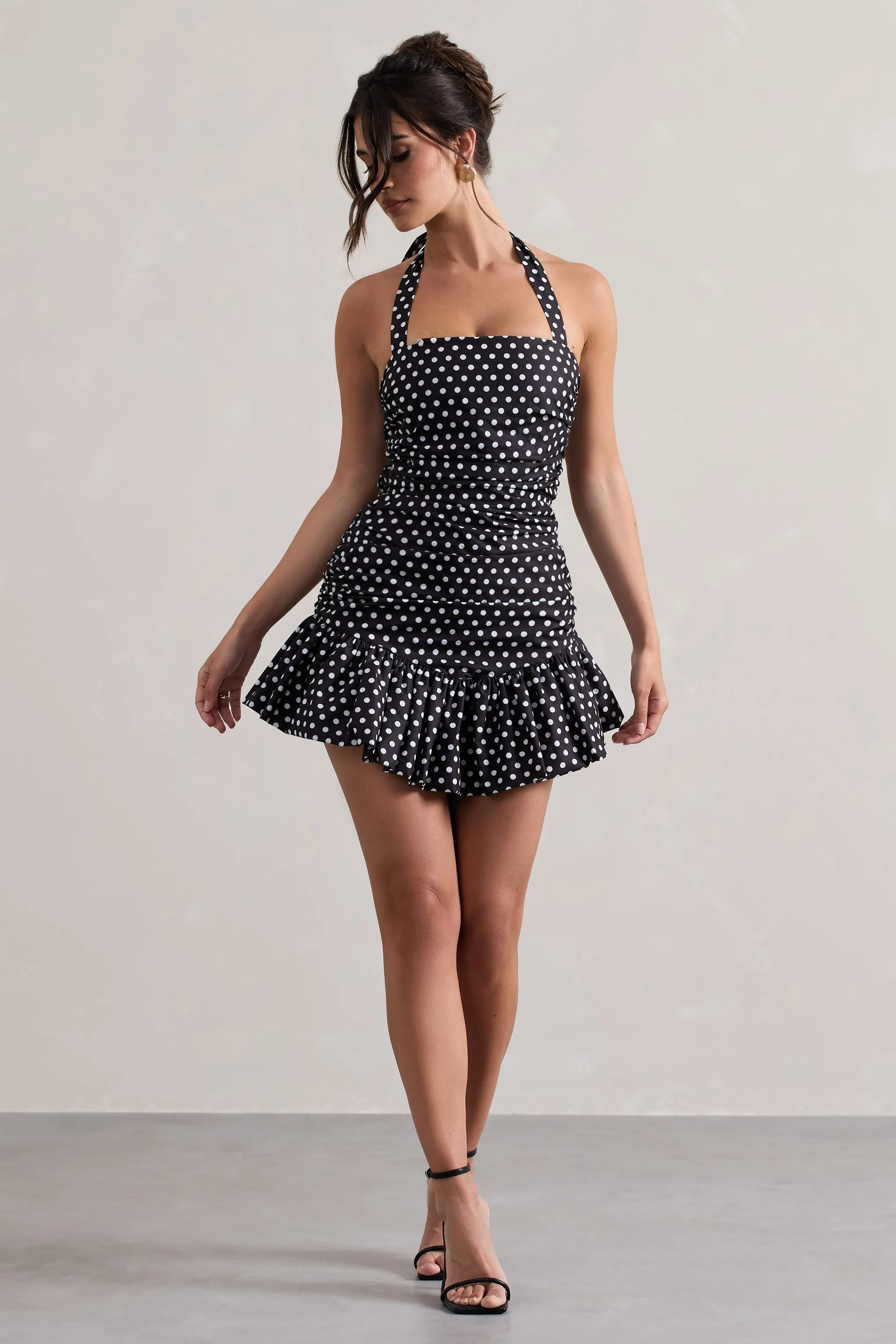 Zahra | Black & White Polka Dot Halter-Neck Ruched Mini Dress With Ruffle Hem